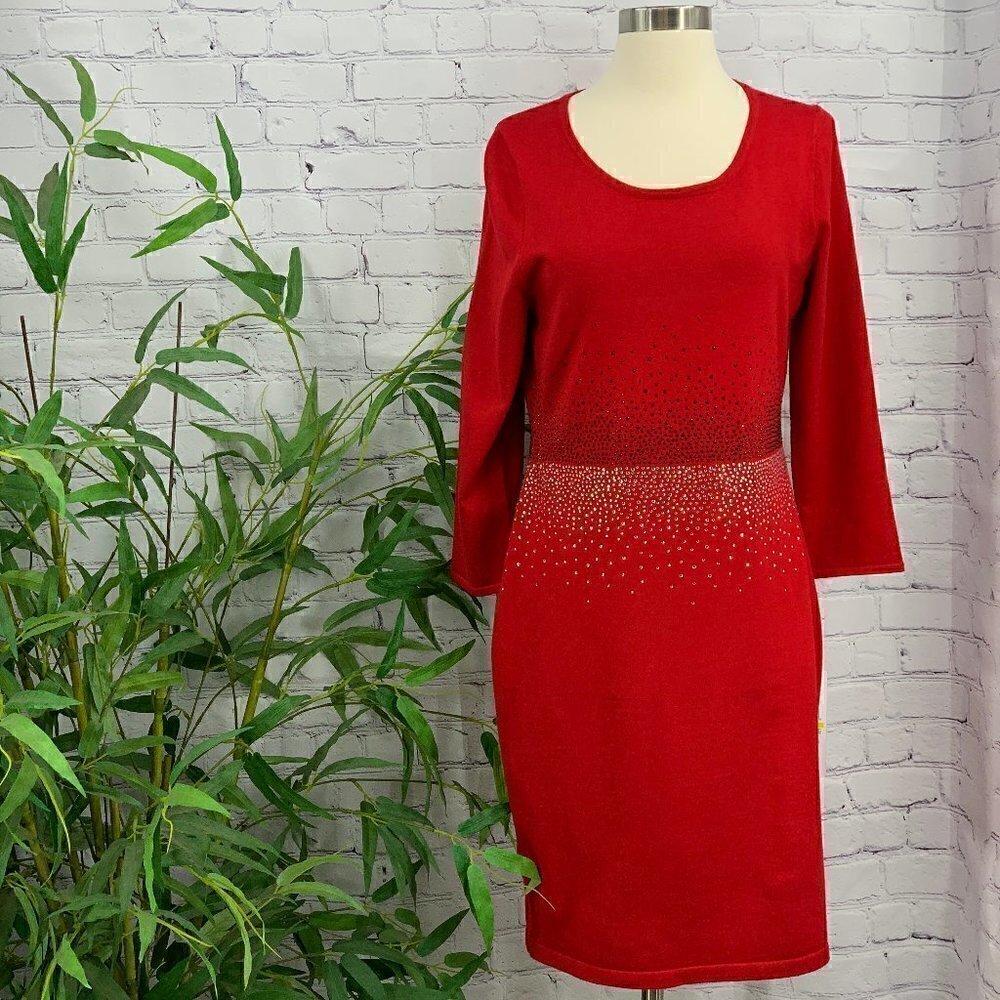 Calvin Klein Red 3/4 Sleeve Dress with Rhinstones - Picture 1 of 7